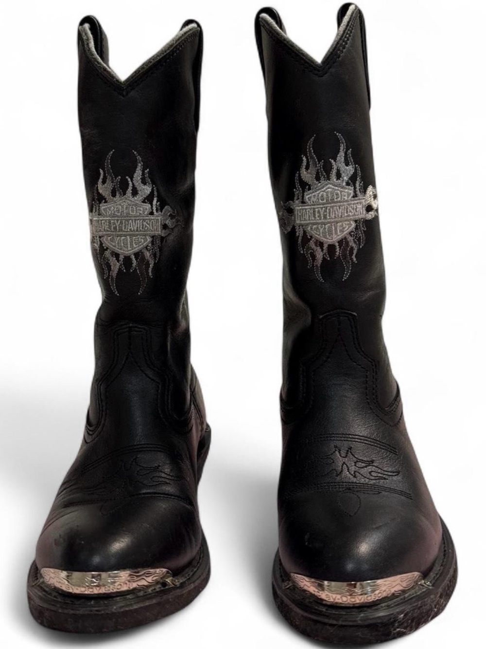 Harley-Davidson Black Leather Western Boots with Silver Flame Embroidery